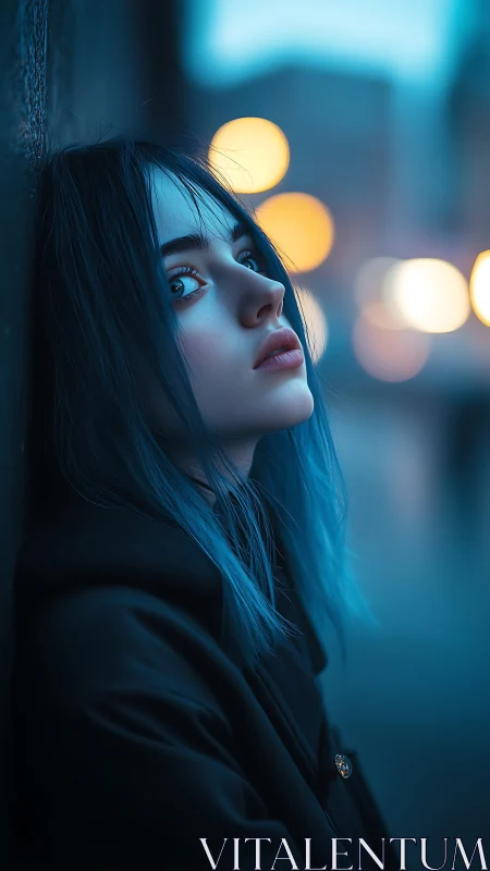 Cinematic teal portrait of blue-haired woman in dusk street