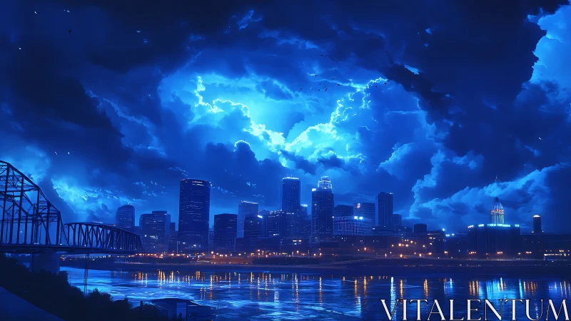 Midnight city skyline under electric storm-lit clouds.