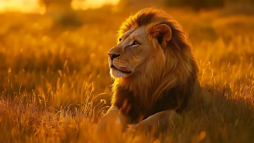 Lion rests in glowing savanna under golden sunset light.