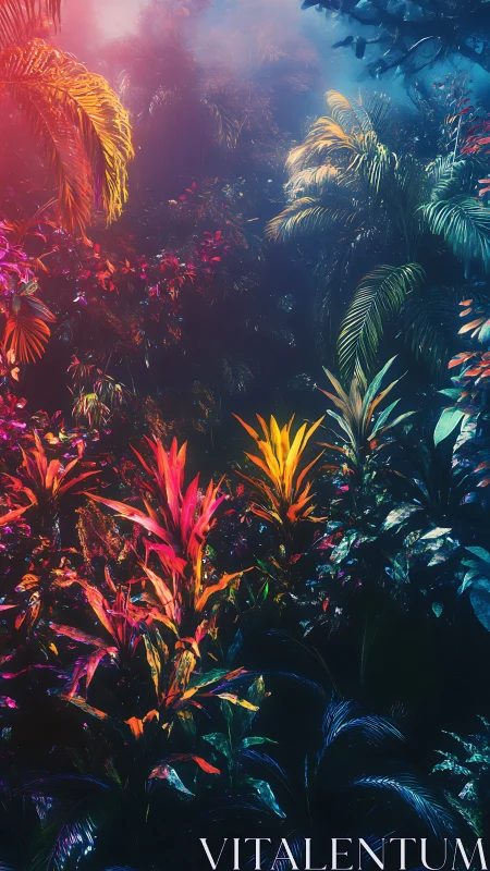 Spectral neon jungle foliage under volumetric mist gradients