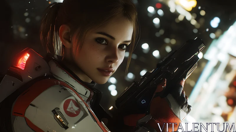 Tactical cyber-operator portrait with high-spec sidearm focus.