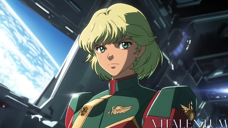 Blond anime officer stands in futuristic space station.