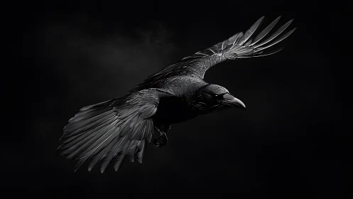 Raven in low-key flight captured with dramatic chiaroscuro lighting
