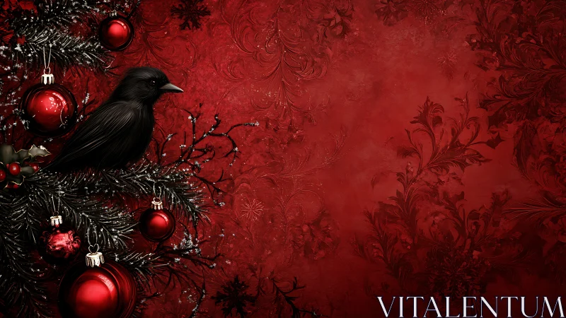 Nocturnal crow on baroque crimson yuletide boughs.
