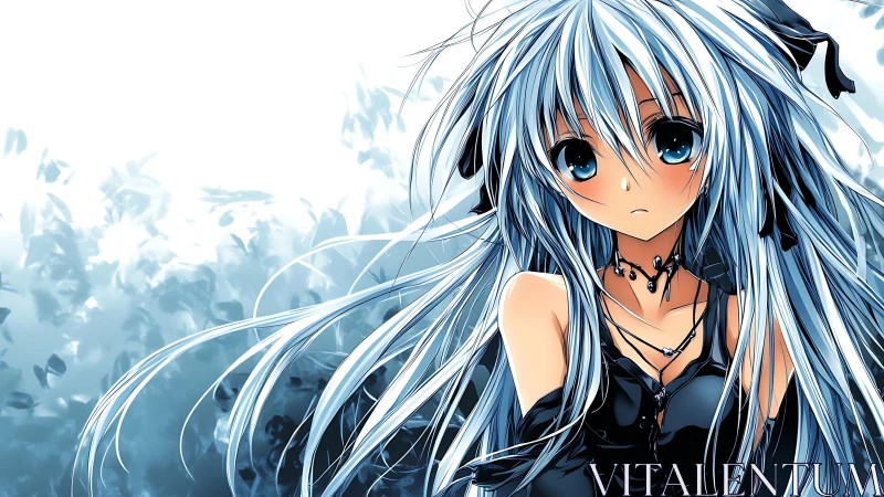 Blue haired anime girl in black dress with abstract background.