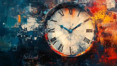 Large clock face against bold abstract textured background.