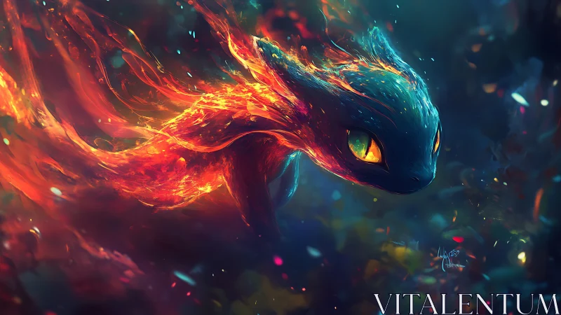 Fiery spectral creature moves through diffuse dark space