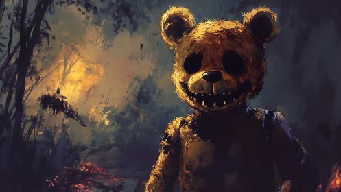 Eerie teddy bear figure wandering through a twilight forest.