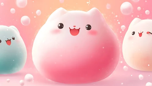 Three Kawaii Creatures With Happy Expressions in Pink Gradient.