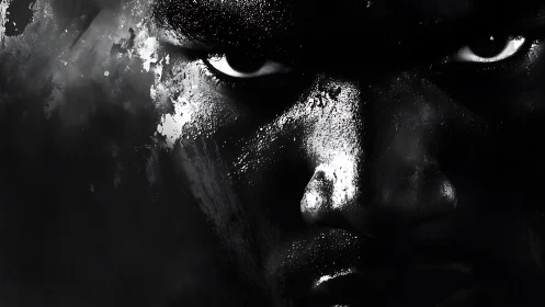 Intense monochrome close up of male face and eyes.