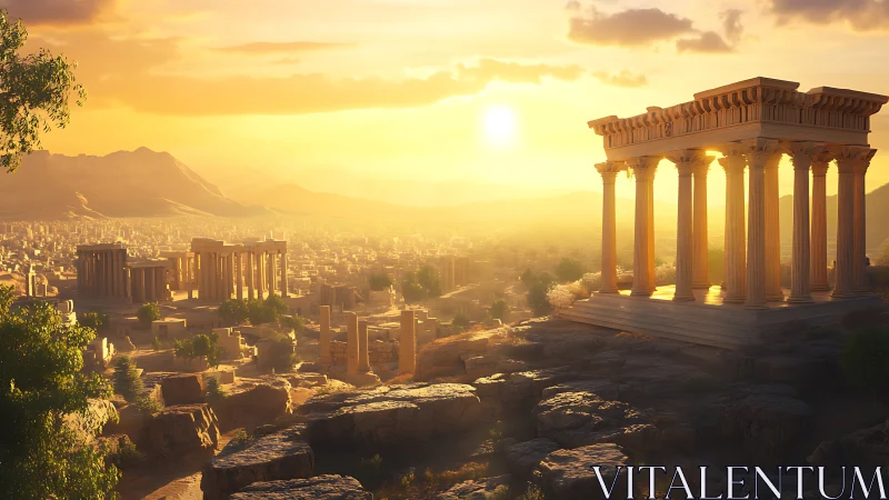 Sunlit classical hilltop temple above expansive stone city.