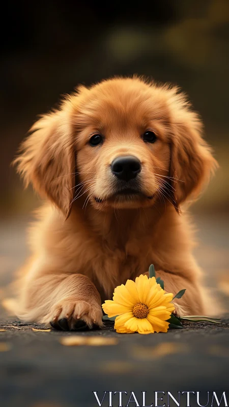 Photorealistic golden puppy portrait with yellow daisy focus.