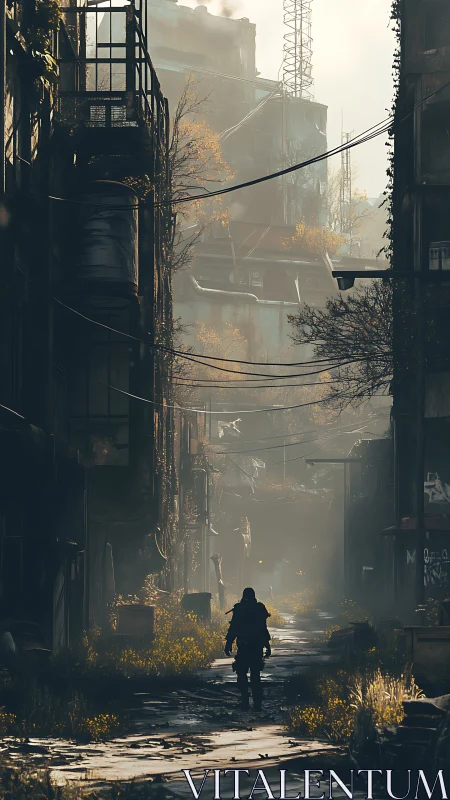 Solitary recon operative in overgrown industrial corridor.