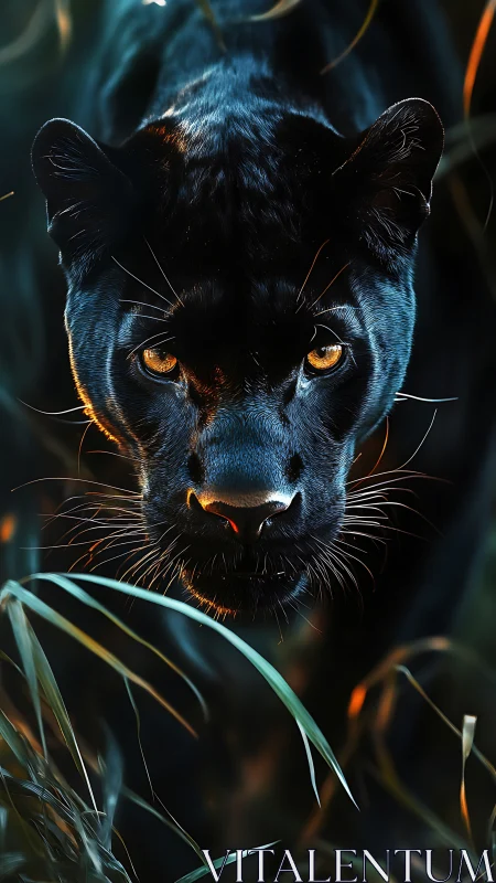 Black Panther with Amber Eyes in Neon-Lit Jungle Foliage