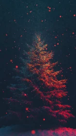 Midnight fir ignites in ember-bright winter snowfall.