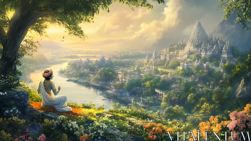 Figure observing river valley and tiered temple city panorama.