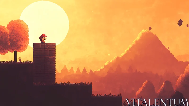 Little adventurer pausing on a sunset-lit pixel hilltop.