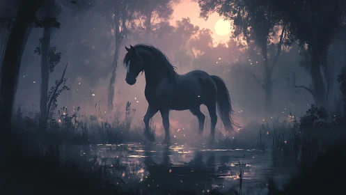 Moonlit horse wandering through a misty enchanted forest.