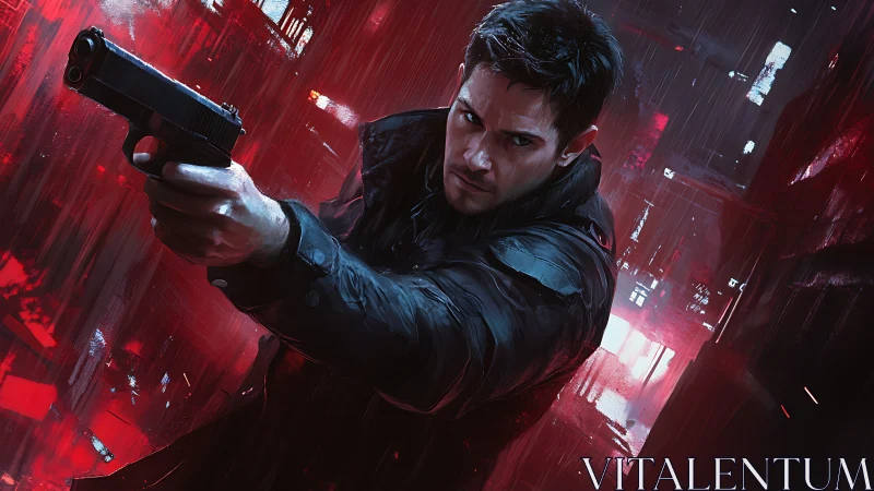 Gunmetal resolve slices through neon rain and shadow alleys