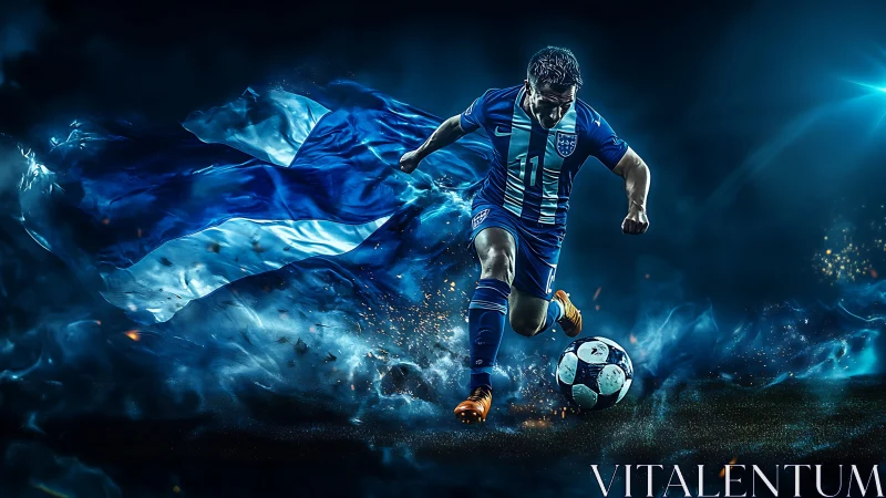 Electric blue football charge wrapped in swirling flag light.