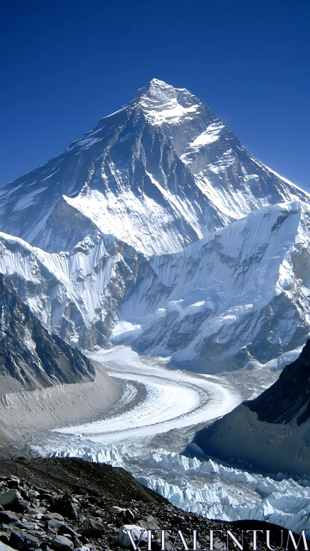 High-altitude glaciated peak with curving valley glacier under blue sky