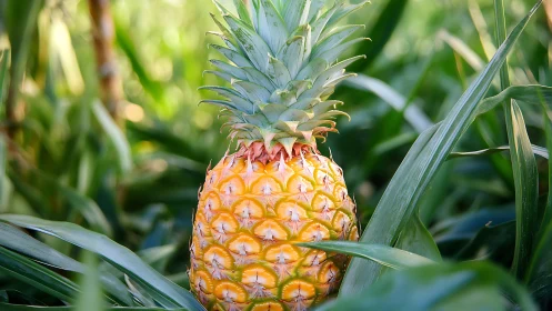 Ripe pineapple grows among elongated green foliage