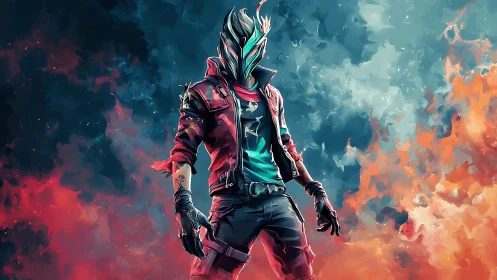 Cyberpunk drifter in flame-split neon haze, dynamic portrait.