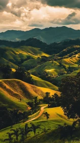 Golden hills roll gently toward distant misty mountains