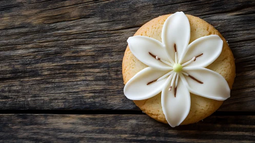 White Flower Adorns Cookie on Rustic Wooden Surface.