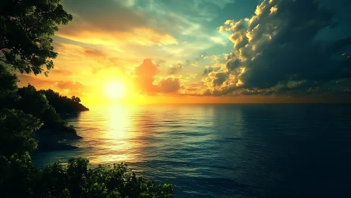 Golden ocean sunset bathes tranquil coastline in vivid light