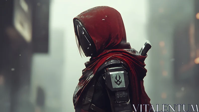 Hooded cyber wanderer crossing a quiet winter cityscape.