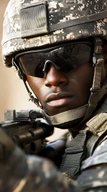 Combat-ready soldier in digital camo under harsh sunlight.