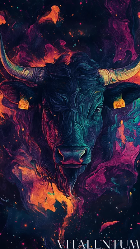 Fiery neon bull head emerging from swirling cosmic void