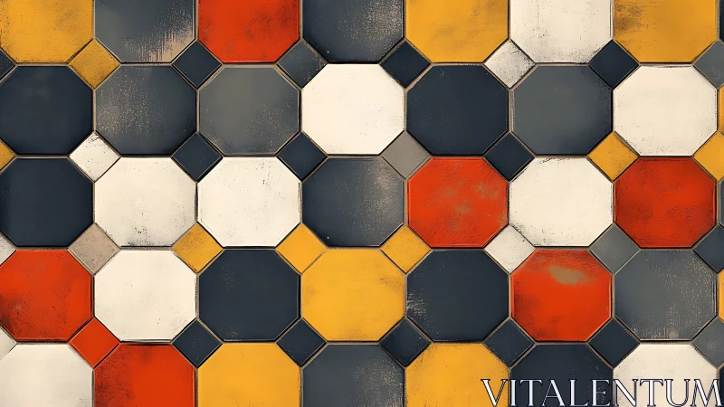 Octagonal ceramic tiling grid with weathered chromatic modules.