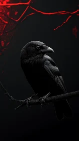 High-contrast raven study against black field with red branches