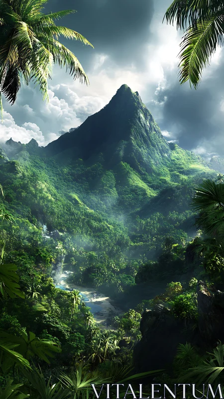 Sunlit tropical peak dominates dense cinematic jungle valley