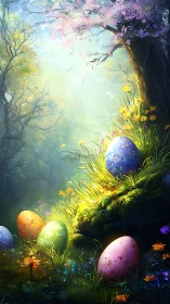 Decorative Easter eggs in a sunlit, flowering forest glade.