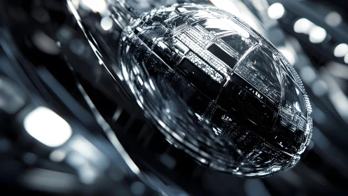 Futuristic Metallic Sphere with Reflective Surfaces in Abstract Style.