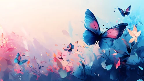 Digital composition shows blue butterflies over abstract flora