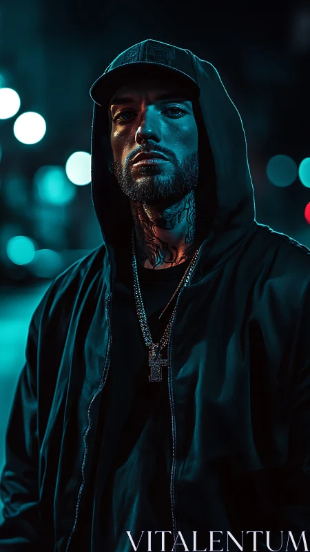 Hooded nightwalker glows in neon city twilight haze.