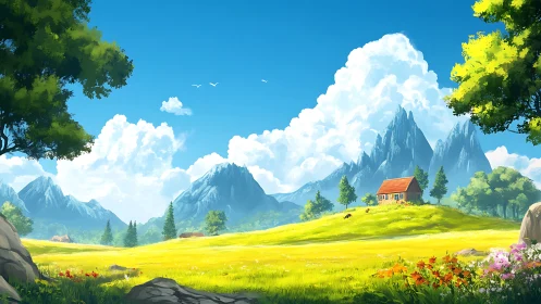 Sunlit alpine meadow frames solitary cabin beneath cumulus