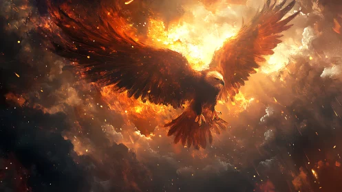 Majestic Fiery Eagle Soaring Through Dramatic Clouds in Fantasy Art.