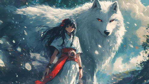 Girl and white wolf walking through glowing forest light.