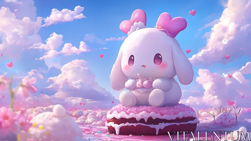 Pastel bunny mascot rests atop frosted cookie landscape.