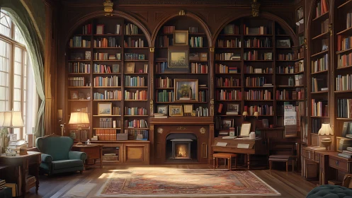 Velvet-chaired library glow around a story-fed fireplace.