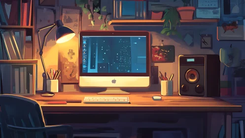 Digital workspace with desktop computer and desk lamp.