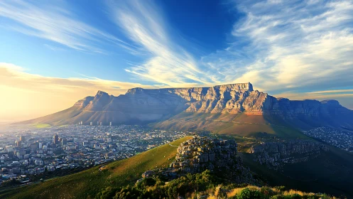 Sunlit mountain city embraced by sweeping morning skies.