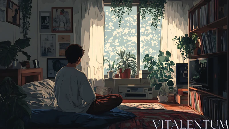 Quiet morning light fills a plant-lined bedroom sanctuary.