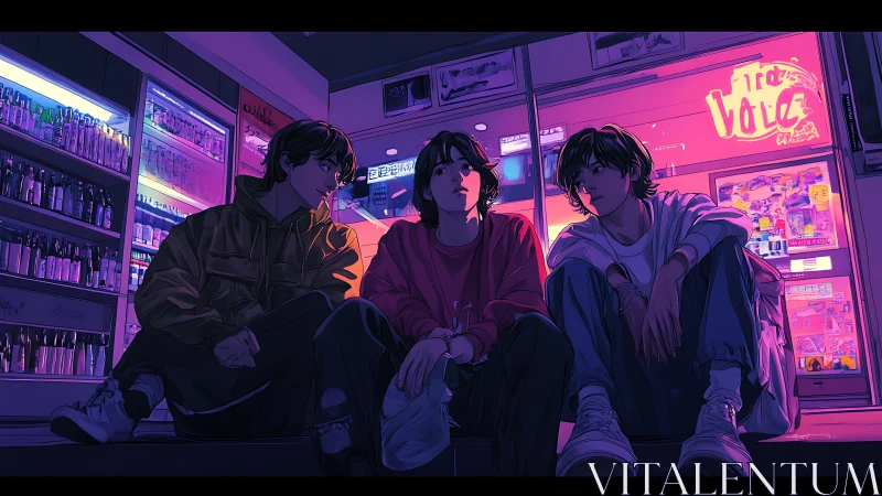 Three teens sit outside neon convenience store at night