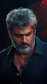 Brooding silver haired man gazes downward in rich contrast